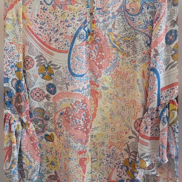 J&M Multicolor Sheer Paisley Top Flowy Boho Kimono Bell Sleeve Tunic Blouse EUC - Picture 12 of 15